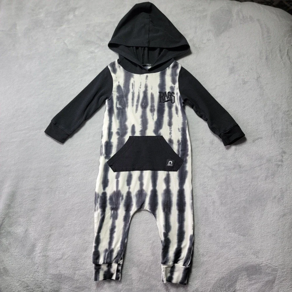 Rags Kids Black White Vertical Tie Dye Long Sleeve Hooded Romper Jumpsuit 18-24M